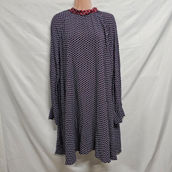 Kenzo Paris Designer Dress Women Size 44 XL 12/14 Blue/Red Neck Long Sleeve - Picture 10 of 12